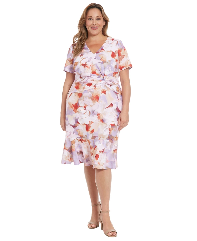 London Times Plus Floral-Print Twist-Front Midi Dress
