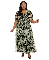 London Times Plus Floral-Print Smocked Maxi Dress
