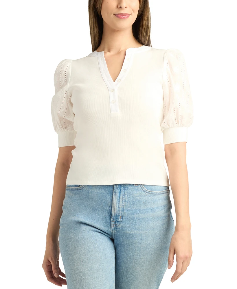 Bcx Juniors' Rib-Knit Mix-Media Eyelet-Sleeve Top