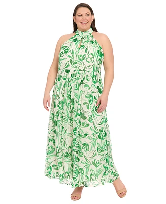 London Times Plus Floral-Print Halter Maxi Dress