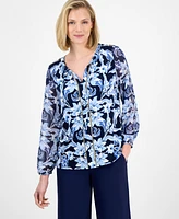 Jm Collection Women's Printed Tie-Neck Long-Sleeve Blouse, Exclusively at Macy's