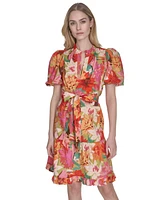 Vince Camuto Petite Cotton Floral-Print Puffed-Sleeve Dress