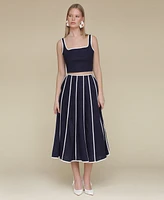 Avec Les Filles Women's Contrast-Trim Linen-Blend Midi Skirt