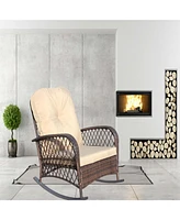 Outdoor wicker rocking chair, wide seat, thick cushion, steel frame, brown cushion