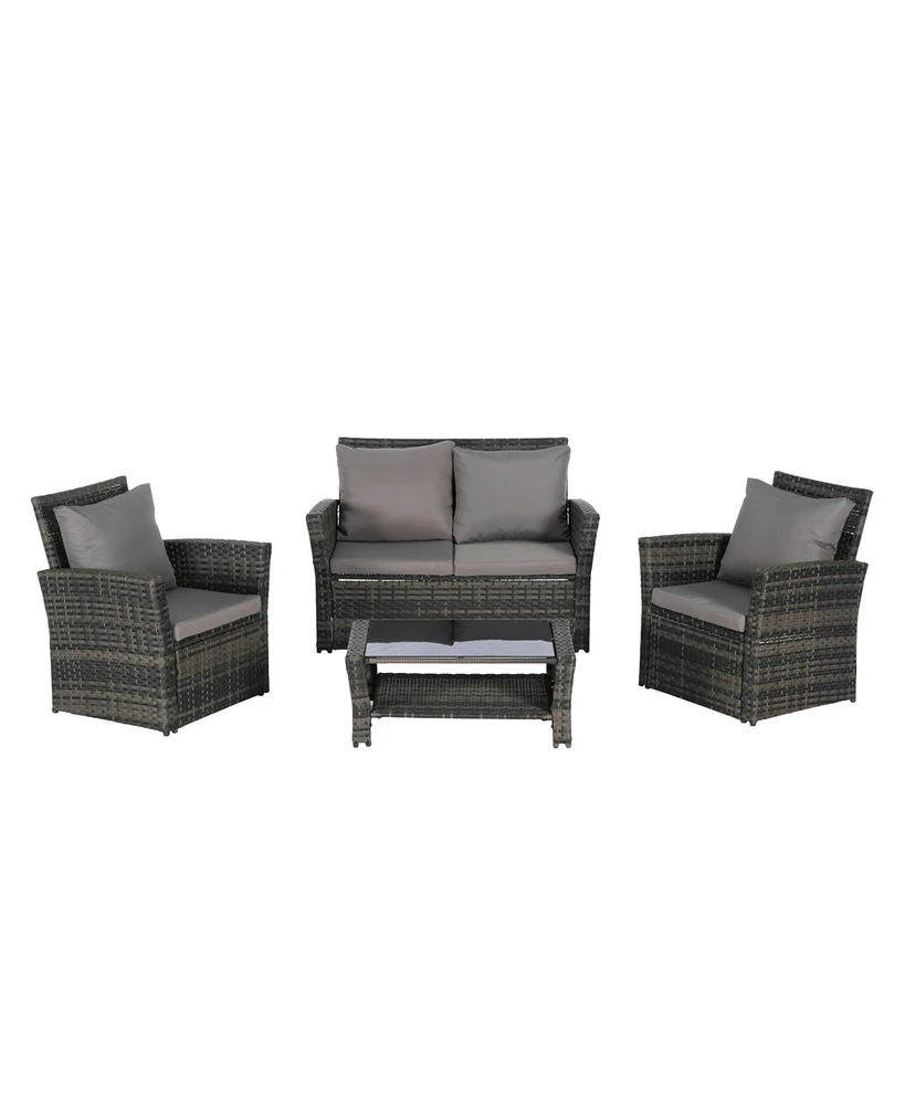 4-Piece Outdoor Patio Furniture Set, Rattan Chairs, Glass Table