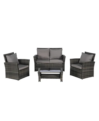 4-Piece Outdoor Patio Furniture Set, Rattan Chairs, Glass Table