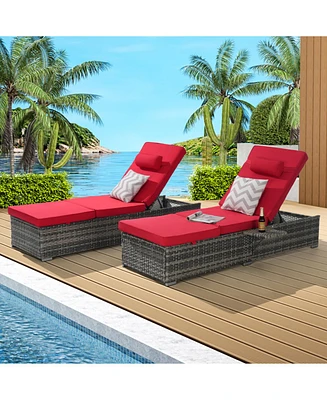 Outdoor chaise lounge set (2) with storage, adjustable backrests, table, cushions