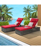 Outdoor chaise lounge set (2) with storage, adjustable backrests, table, cushions