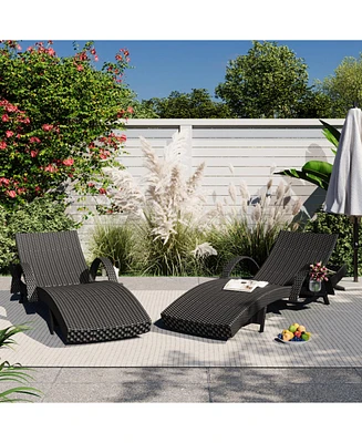 Outdoor Wicker Chaise Lounge Set, Reclining, Adjustable, with Side Table, Black