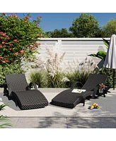Outdoor Wicker Chaise Lounge Set, Reclining, Adjustable, with Side Table, Black