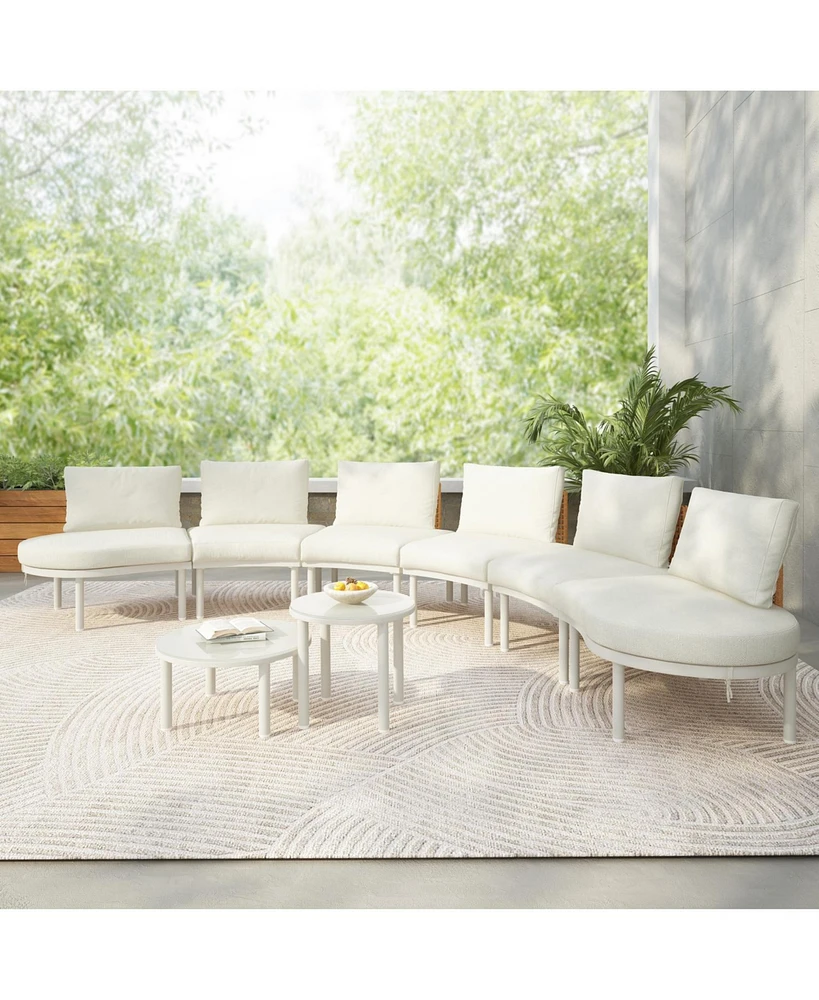 8-Pc Half Moon Patio Sofa Set, Wicker, Glass Tables, Cushions & Pillows, Beige