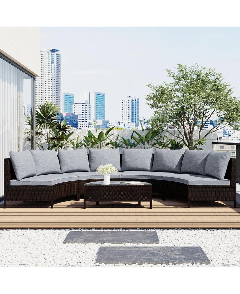 5-Piece Brown Wicker Patio Half-Moon Sofa Set with Gray Cushions