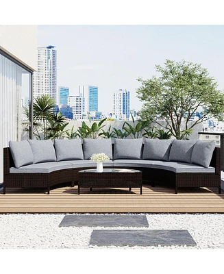 5-Piece Brown Wicker Patio Half-Moon Sofa Set with Gray Cushions