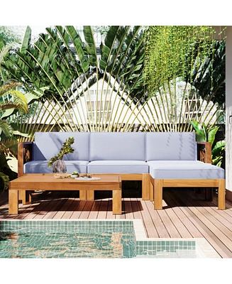 Outdoor 5-Piece Wood Sectional Sofa, Natural/Gray