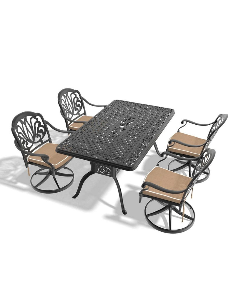 5-Pc Cast Aluminum Dining Set, 4 Swivel Chairs & Rectangular Table, Black Frame