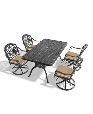 5-Pc Cast Aluminum Dining Set, 4 Swivel Chairs & Rectangular Table, Black Frame