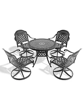 5-Piece Cast Aluminum Dining Set, 4 Swivel Chairs, 35" Round Table