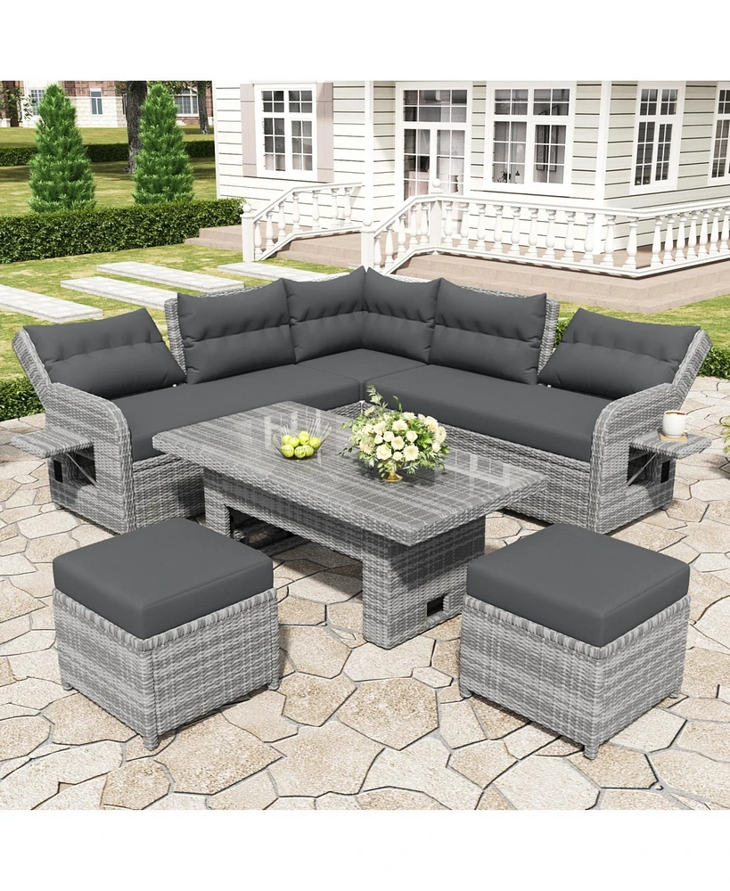 Patio Rattan Set, Adjustable Table, Recliners, Ottomans - Grey
