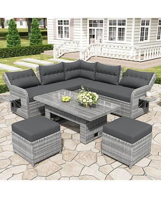 Patio Rattan Set, Adjustable Table, Recliners, Ottomans - Grey