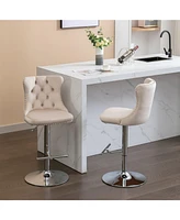 Set of 2 Swivel Velvet Barstools Adjustable Height Upholstered Bar Stools with Tufted Back Chrome Base for Kitchen Island Home Pub-The Pop