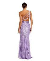 Mac Duggal Women's Sequined One Shoulder Draped Lace Up Gown