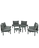 8-Pc Patio Sofa Set, Half-Moon Sectional, 2 Tables, Cushions, Pillows, Gray