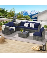 6-Piece Woven Patio Set, L-Shaped Sectional, Corner & Glass Tables