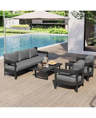 Outdoor seating set, thick cushions, comfy, for lawns, patios, poolside