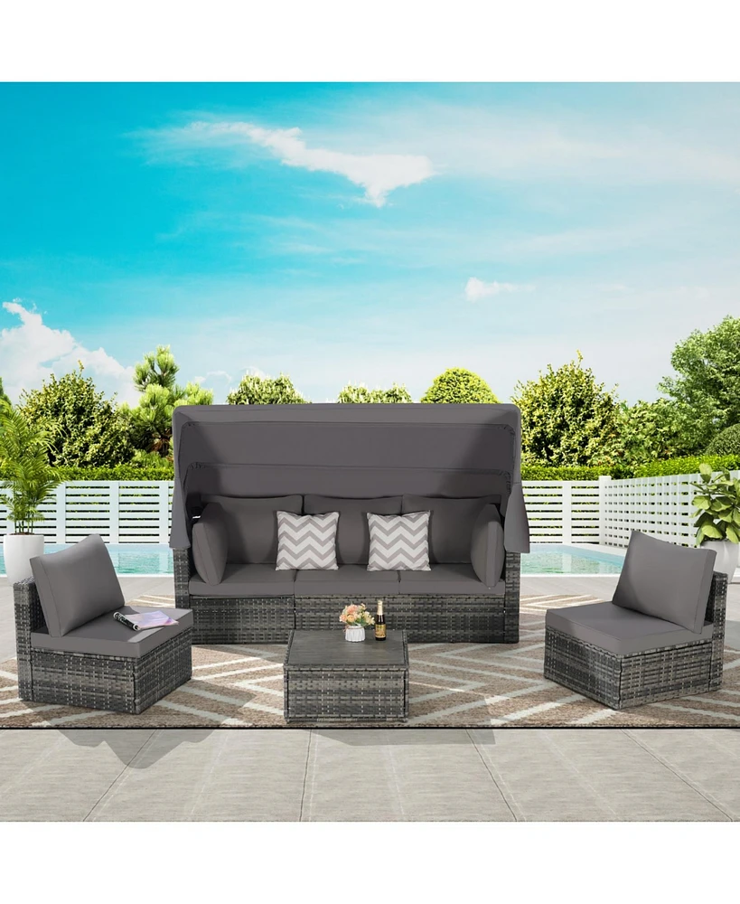 5-Piece Outdoor Wicker Daybed Set with Canopy & Cushions