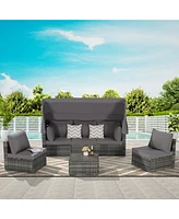 5-Piece Outdoor Wicker Daybed Set with Canopy & Cushions