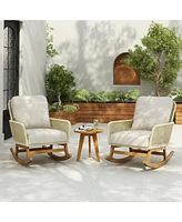 Modern 3-piece outdoor rocking set, Ivory cushions, wood table, Ideal for patios