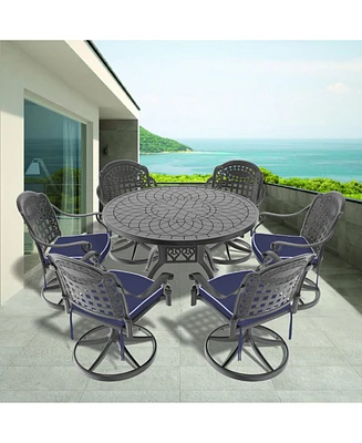 7-Pc Cast Aluminum Dining Set, 6 Swivel Chairs, 47" Round Table, Black Frame