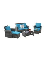 6 Piece Wicker Patio Furniture Sets with Ottoman & Tempered Glass Coffee Table