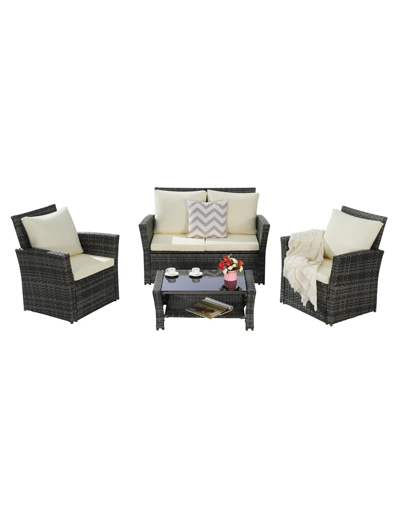 4-Piece Outdoor Patio Furniture Set, Rattan Chairs, Glass Table