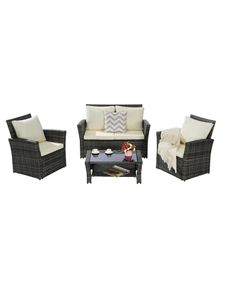 4-Piece Outdoor Patio Furniture Set, Rattan Chairs, Glass Table