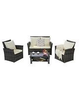 4-Piece Outdoor Patio Furniture Set, Rattan Chairs, Glass Table