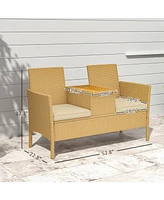 Outsunny Rat Patio Loveseat Wicker Sofa with Built-in Table