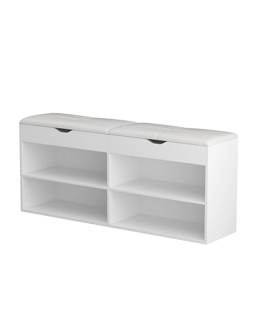 Wooden and white shoe cabinet with 2 seats, versatile and beautiful rack with six cabinets