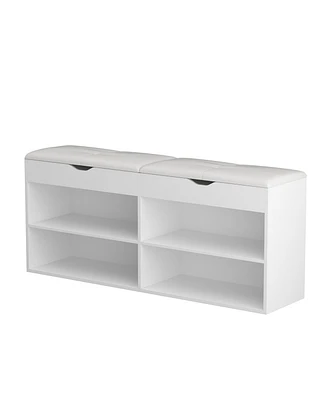 Wooden and white shoe cabinet with 2 seats, versatile and beautiful rack with six cabinets