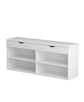 Wooden and white shoe cabinet with 2 seats, versatile and beautiful rack with six cabinets