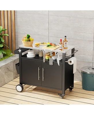 Outdoor Grill Cart, Storage, Hooks, Spice Rack - Black