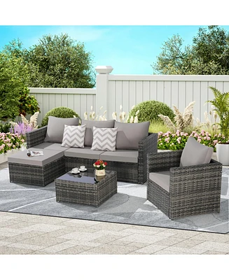 3-Piece Patio Set, Woven L-Shaped Sectional, Sofa, Lounger & Coffee Table