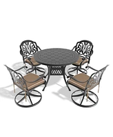 5-pc Cast Aluminum Dining Set, 4 Swivel Chairs, 39" Round Table, Black Frame
