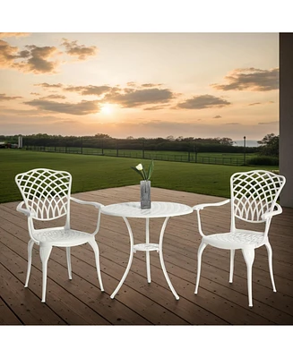 3-Piece White Patio Bistro Set, Cast Aluminum Table & 2 Chairs, Umbrella Hole