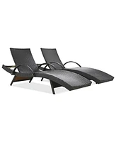 80" Wicker Chaise Lounge Set (2), Patio Rattan, Adjustable, Pull-out Table, Dark Brown