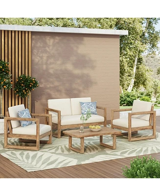 Acacia Patio Set, 4 Pieces, Cushions, Coffee Table, Brown/Beige