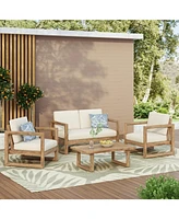 Acacia Patio Set, 4 Pieces, Cushions, Coffee Table, Brown/Beige