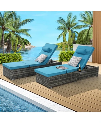Outdoor chaise lounge set (2) with storage, adjustable backrests, table, cushions