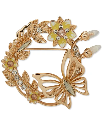Anne Klein Gold-Tone Mixed Stone Flower & Butterfly Wreath Pin