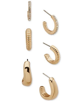 Anne Klein Gold-Tone 3-Pc. Set Crystal, Textured, & Puffy Small Hoop Earrings